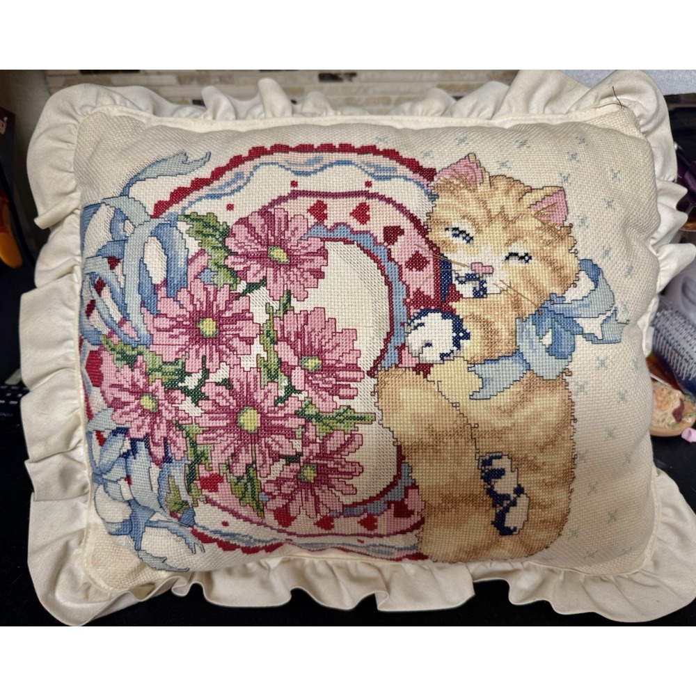 Adorable Vintage Needlepoint Pillow Pink Florals Ruffled Edge Blue Bow